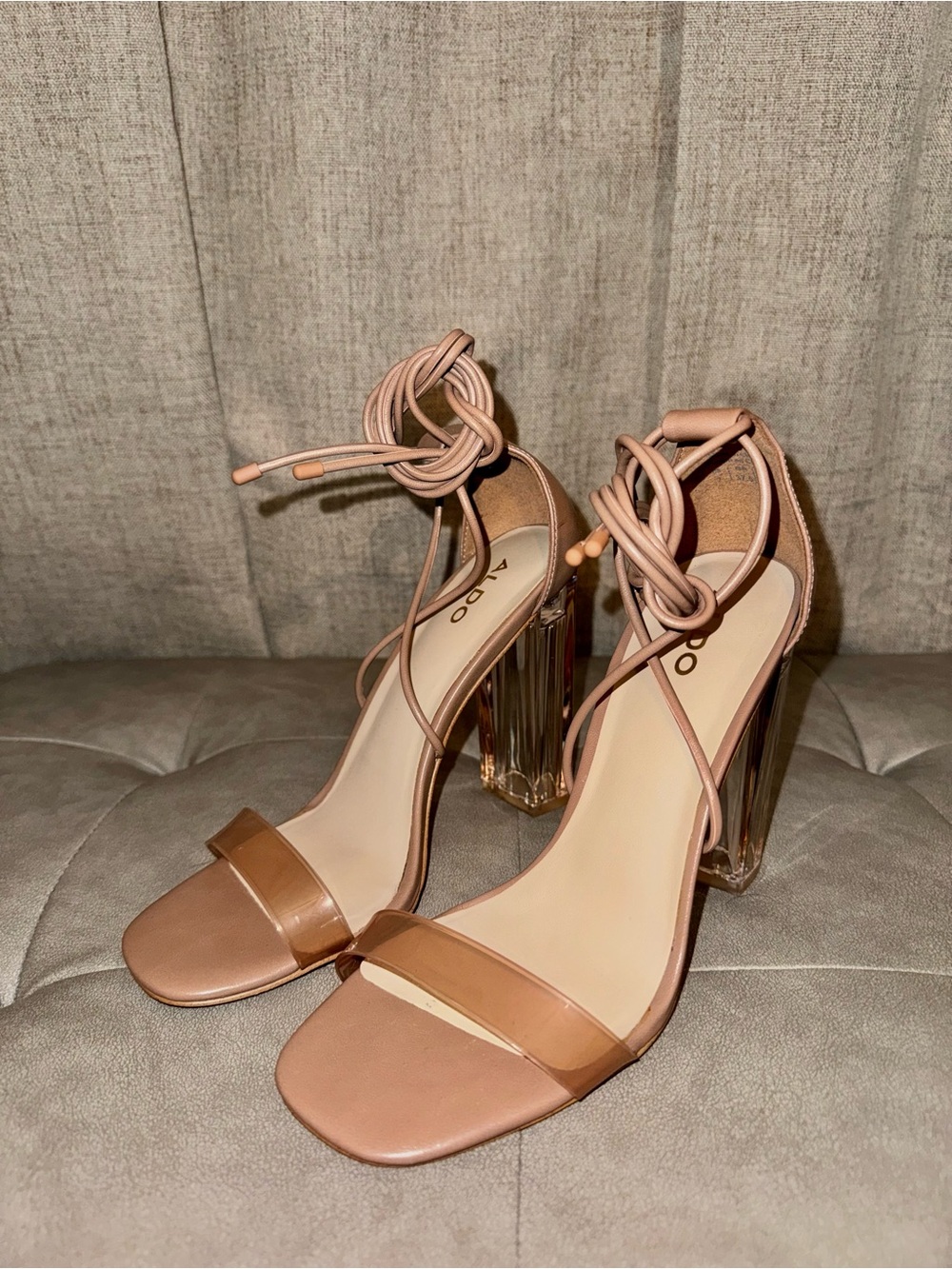 Aldo Tan Nude Clear Block Heel Ankle-Tie Sandals